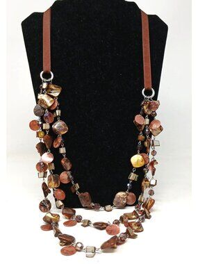 Lane Bryant Layered Shell Bead Necklace Brown Ribbon Adj 30-33"EarthTones J8-W